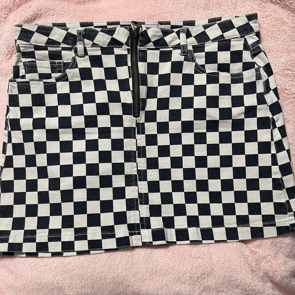 Black and white checked jean skirt